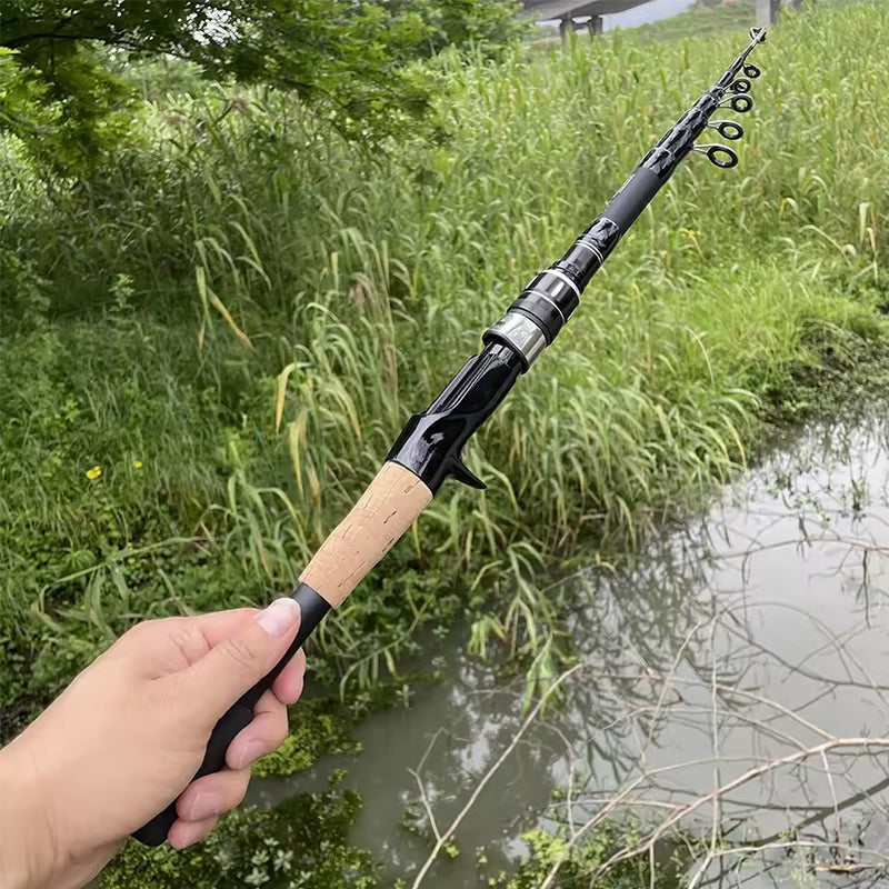 1.5 - 2.4M Telescopic Carbon Fishing Rod with Wooden Handle - Rotary Baitcasting (8 - 25g)