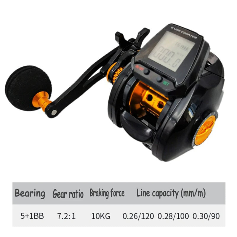 7.2:1 Digital Fishing Baitcasting Reel with Line Counter and Bite Alarm