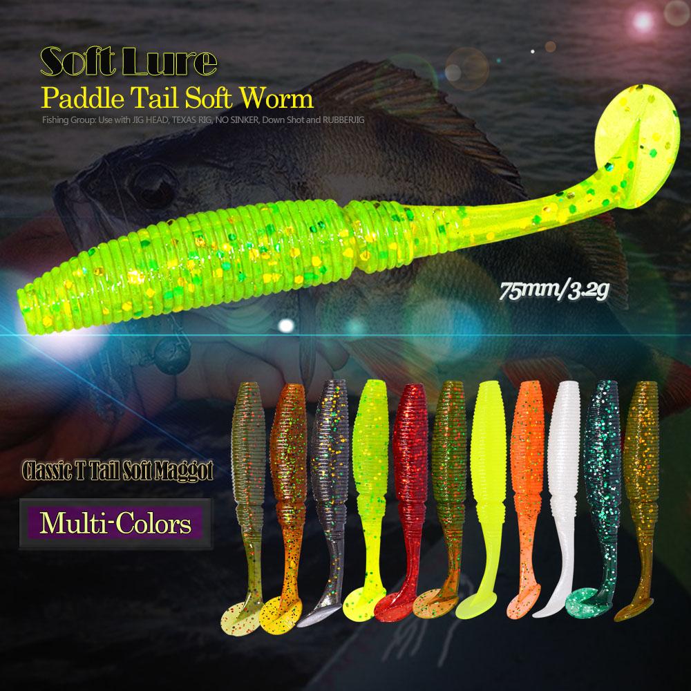 6pcs T Tail Soft Worm Fishing Lures - 3.2g 75mm Paddle Tail for Bass Fishing