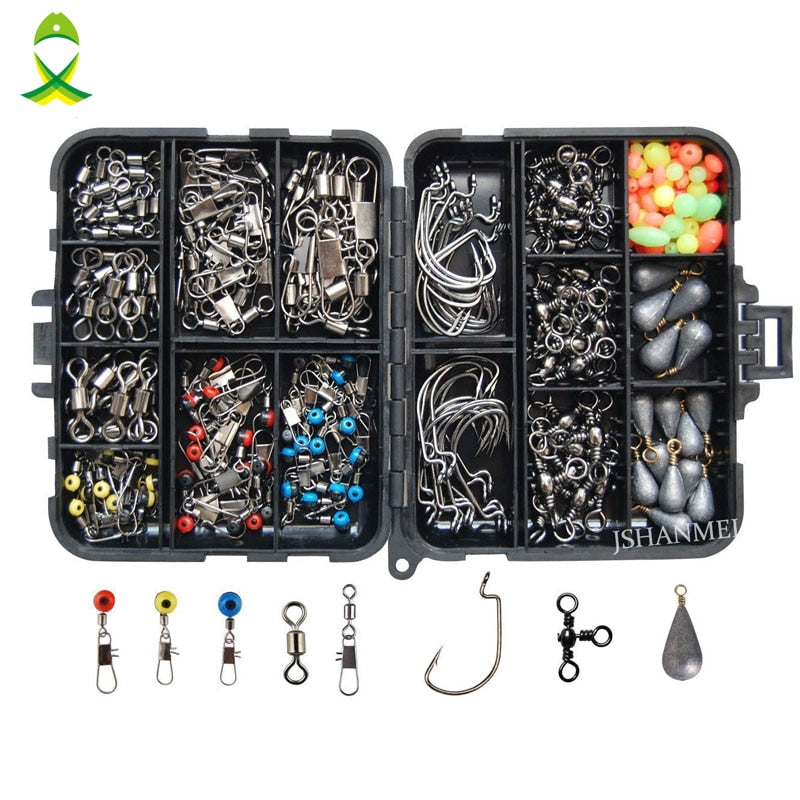 160pcs Fishing Accessories Kit - Jig Hooks, Weights, Swivels & Snaps with Tackle Box