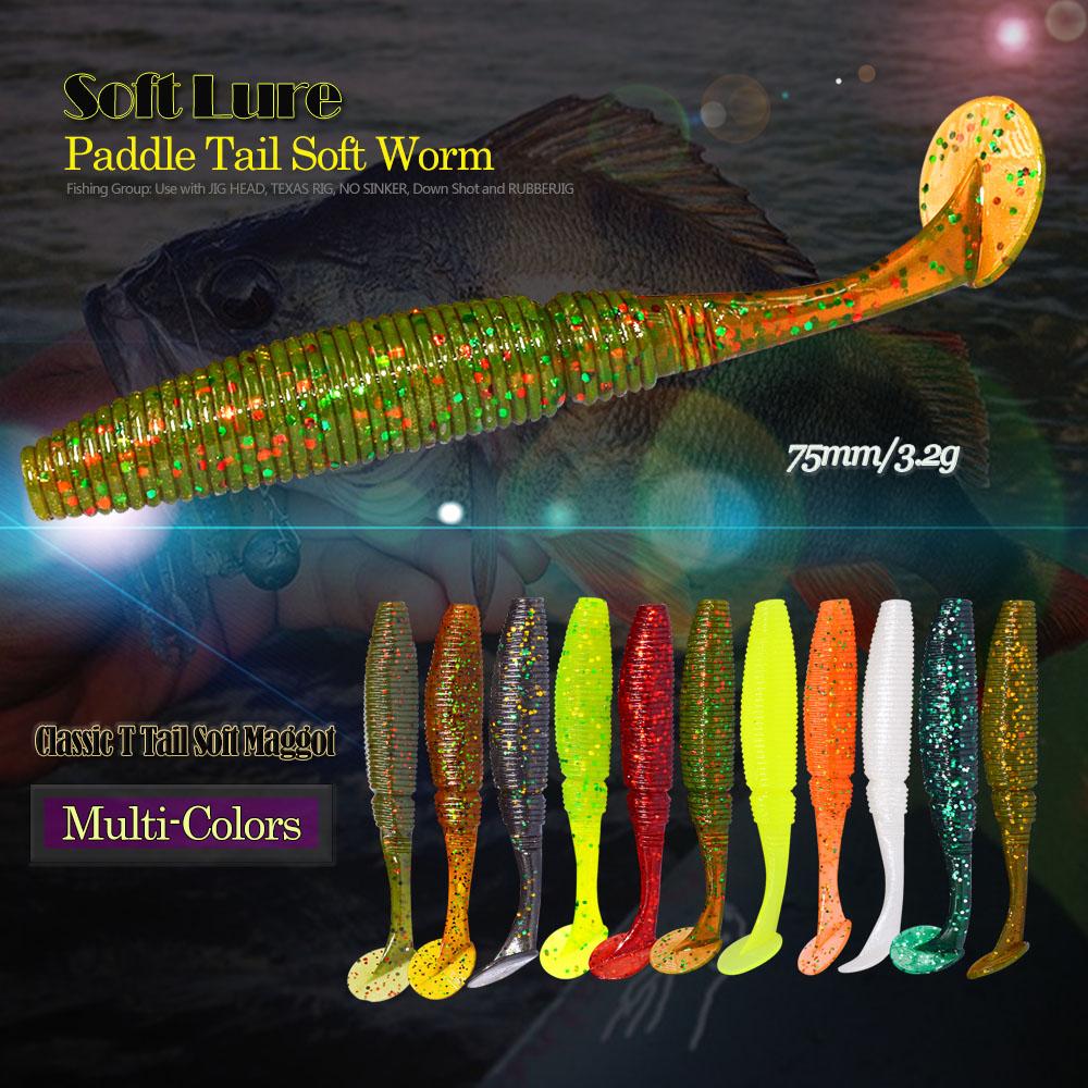 6pcs T Tail Soft Worm Fishing Lures - 3.2g 75mm Paddle Tail for Bass Fishing