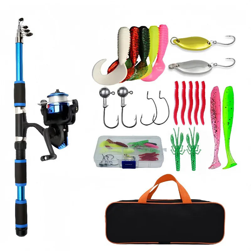 Fishing Pole Set Full Kits with Telescopic Rod, Spinning Reel, Baits & Hooks - Ideal Travel Fishing Gear
