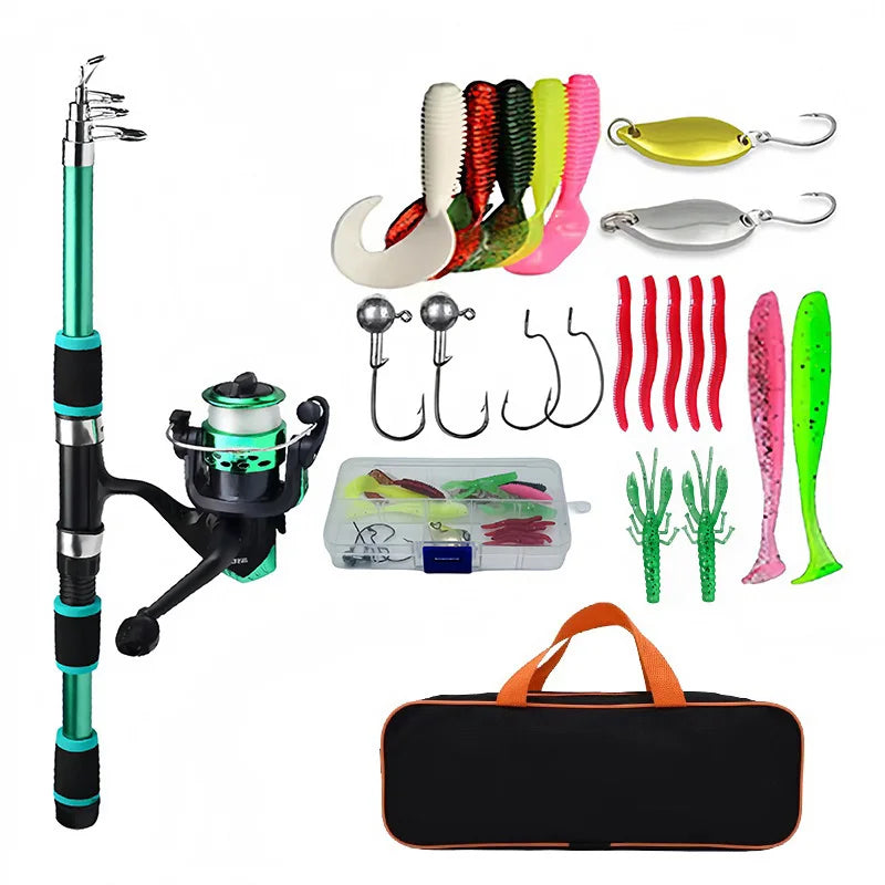 Fishing Pole Set Full Kits with Telescopic Rod, Spinning Reel, Baits & Hooks - Ideal Travel Fishing Gear