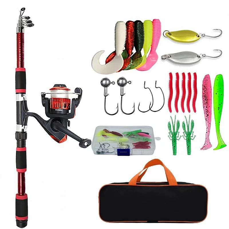 Fishing Pole Set Full Kits with Telescopic Rod, Spinning Reel, Baits & Hooks - Ideal Travel Fishing Gear